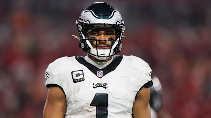 Jan 15, 2024; Tampa, Florida, USA; Philadelphia Eagles quarterback Jalen Hurts (1) looks on during