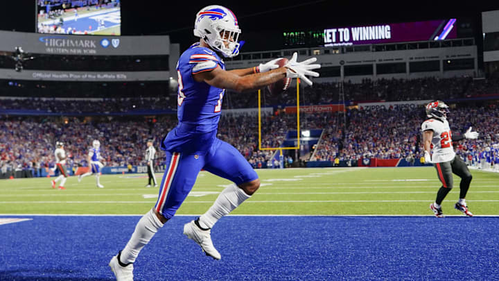 Oct 26, 2023; Orchard Park, New York, USA; Buffalo Bills wide receiver Gabe Davis (13) reacts to scoring a touchdown against the Tampa Bay Buccaneers during the second half at Highmark Stadium.
