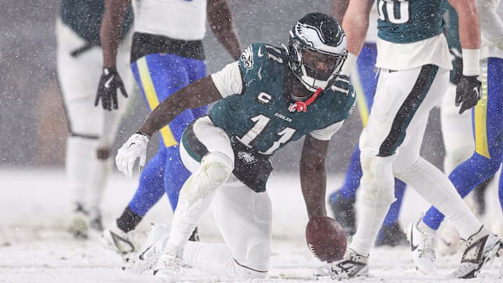 Jan 19, 2025; Philadelphia, Pennsylvania, USA; Philadelphia Eagles wide receiver A.J. Brown (11) reacts after a first down catch against the Los Angeles Rams in a 2025 NFC divisional round game at Lincoln Financial Field. Mandatory Credit: Bill Streicher-Imagn Images