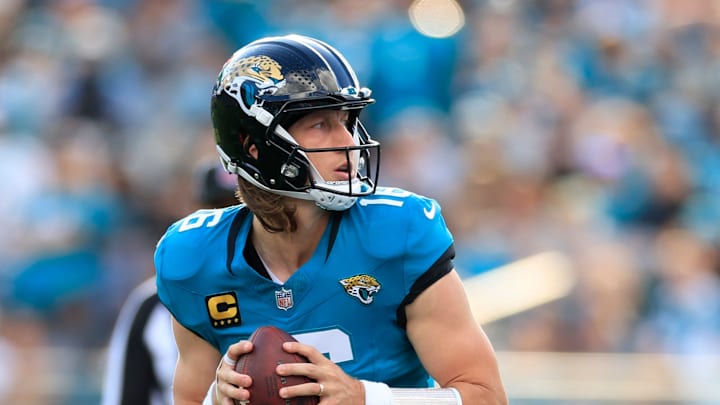 Jacksonville Jaguars quarterback Trevor Lawrence (16) looks to pass during the third quarter of a NFL football matchup at EverBank Stadium, Sunday, Dec. 14, 2025, in Jacksonville, Fla. The Jaguars defeated the Jets 48-20. [Corey Perrine/Florida Times-Union]