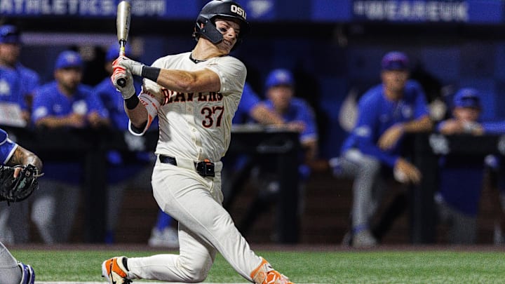 Oregon State Beavers infielder Travis Bazzana (37) strikes out during the seventh inning against the Kentucky Wildcats at Kentucky Proud Park in Lexington, Ky., on June 9, 2024.