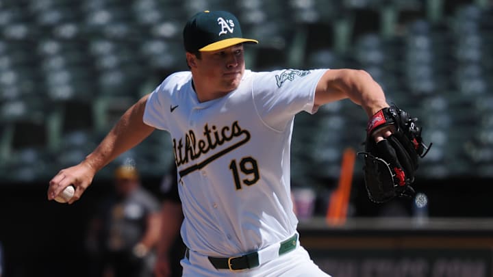 May 1, 2024; Oakland, California, USA; Oakland Athletics relief pitcher Mason Miller (19) pitches