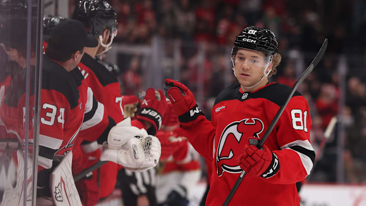 Mar 3, 2026; Newark, New Jersey, USA; New Jersey Devils right wing Arseny Gritsyuk (81) celebrates his goal against the Florida Panthers during the first period at Prudential Center. Mandatory Credit: Ed Mulholland-Imagn Images