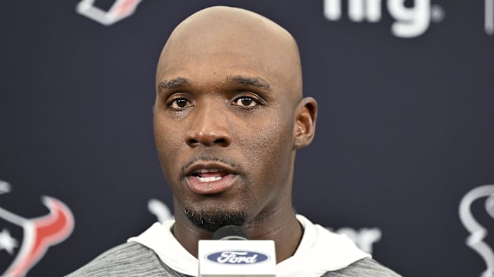 Jun 10, 2025; Houston, TX, USA; Houston Texans head coach DeMeco Ryans speaks during a press conference after an NFL football minicamp at NRG Stadium. Mandatory Credit: Maria Lysaker-Imagn Images 