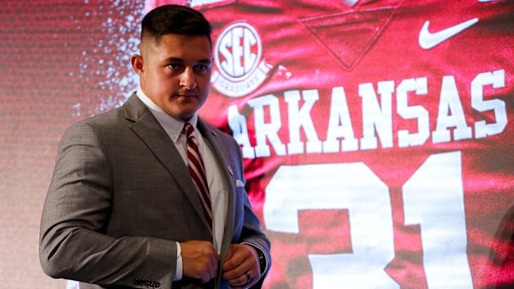 Arkansas linebacker Grant Morgan leaves the stage after his appearance in the main media room in the Hyatt Regency during SEC Media Days in Hoover, Ala., Thursday, July 22, 2021. Arkansas linebacker Grant Morgan leaves the stage after his appearance in the main media room in the Hyatt Regency during SEC Media Days in Hoover, Ala., Thursday, July 22, 2021.
