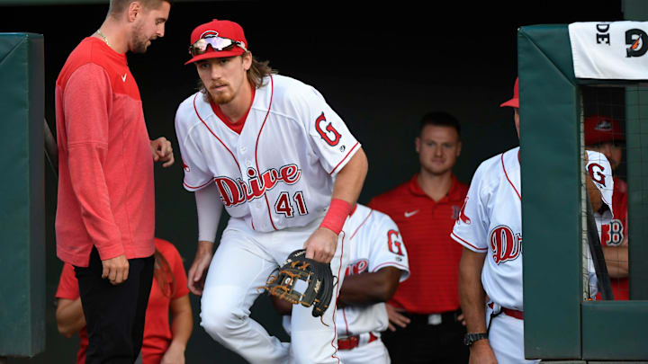 The Greenville Drive's Karson Simas (41) enters the field before they take on Hudson Valley during the South Atlantic League championships at Flour Field in Greenville, S.C., on Tuesday, Sept. 19, 2023.