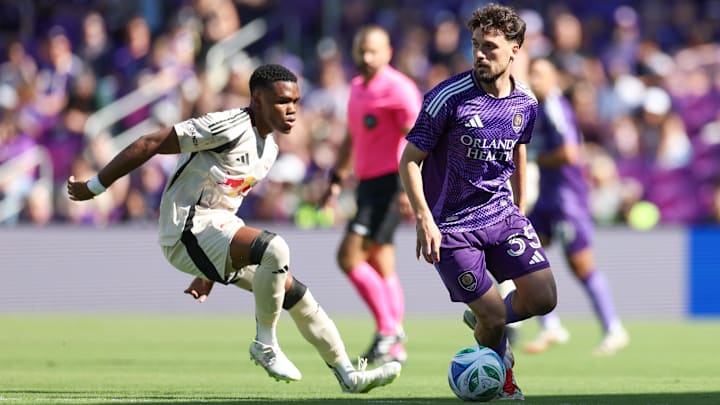 Apr 12, 2025; Orlando, Florida, USA; Orlando City midfielder Joran Gerbet (35) controls the ball against the New York Red Bulls in the first half at Inter&Co Stadium. Mandatory Credit: Nathan Ray Seebeck-Imagn Images
