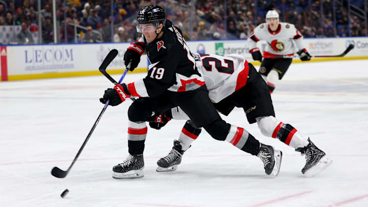 Jan 11, 2024; Buffalo, New York, USA;  Buffalo Sabres center Peyton Krebs (19) takes a shot on goal
