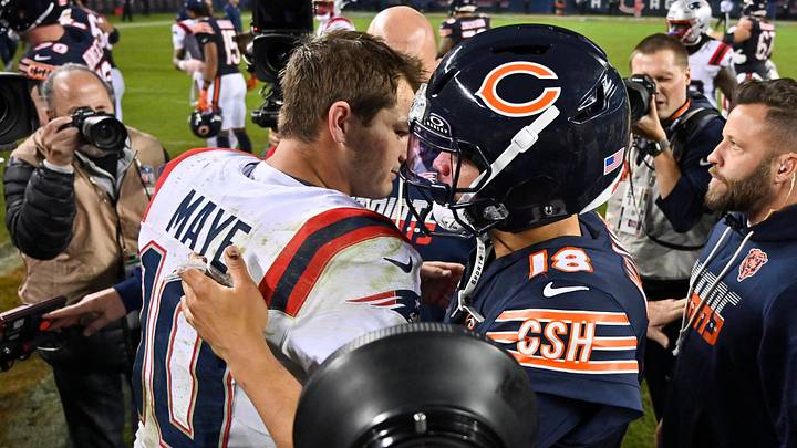 Oct 22, 2026; Chicago, Illinois, USA; New England Patriots quarterback Drake Maye (10) and Chicago Bears quarterback Caleb Williams (18) hug after the game at Soldier Field. Mandatory Credit: Patrick Gorski-Imagn Images Oct 22, 2026; Chicago, Illinois, USA; New England Patriots quarterback Drake Maye (10) and Chicago Bears quarterback Caleb Williams (18) hug after the game at Soldier Field. Mandatory Credit: Patrick Gorski-Imagn Images