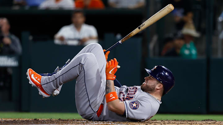 Houston Astros catcher Victor Caratini (17) reacts after being hit by a pitch during the eighth inning against the Athletics at Sutter Health Park. 