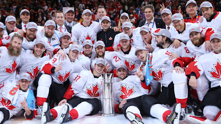 Sep 29, 2016; Toronto, Ontario, Canada; Team Canada players pose for a team photo after defeating Team Europe in game two of the World Cup of Hockey final at Air Canada Centre. Mandatory Credit: Bruce Bennett/Pool Photo via Imagn Images
