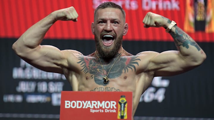 Jul 9, 2021; Las Vegas, Nevada, USA; Conor McGregor reacts during weigh ins for UFC 264 at T-Mobile Arena. Mandatory Credit: Gary A. Vasquez-Imagn Images