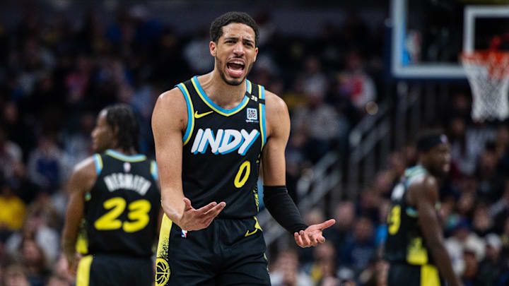 Apr 5, 2024; Indianapolis, Indiana, USA; Indiana Pacers guard Tyrese Haliburton (0)  in the first half against the Oklahoma City Thunder at Gainbridge Fieldhouse. Mandatory Credit: Trevor Ruszkowski-Imagn Images