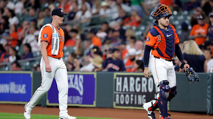 Sep 19, 2025; Houston, Texas, USA; Houston Astros starting pitcher Hunter Brown (58) and Houston Astros catcher Yainer Diaz (21) walk to the dugout prior to the game against the Seattle Mariners at Daikin Park. Mandatory Credit: Erik Williams-Imagn Images Sep 19, 2025; Houston, Texas, USA; Houston Astros starting pitcher Hunter Brown (58) and Houston Astros catcher Yainer Diaz (21) walk to the dugout prior to the game against the Seattle Mariners at Daikin Park. Mandatory Credit: Erik Williams-Imagn Images