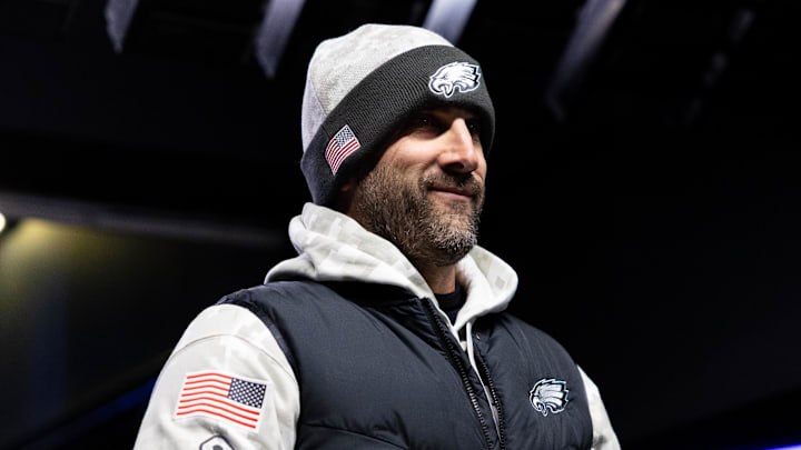 Nov 14, 2024; Philadelphia, Pennsylvania, USA; Philadelphia Eagles head coach Nick Sirianni before action against the Washington Commanders at Lincoln Financial Field. Mandatory Credit: Bill Streicher-Imagn Imagess