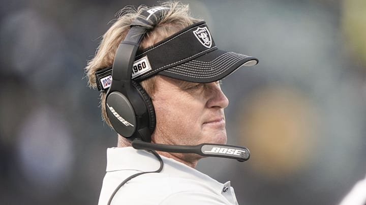 Dec 8, 2019; Oakland, CA, USA; Oakland Raiders head coach Jon Gruden reacts in the game against the Tennessee Titans during the fourth quarter at Oakland Coliseum. Mandatory Credit: Stan Szeto-Imagn Images Dec 8, 2019; Oakland, CA, USA; Oakland Raiders head coach Jon Gruden reacts in the game against the Tennessee Titans during the fourth quarter at Oakland Coliseum. Mandatory Credit: Stan Szeto-Imagn Images