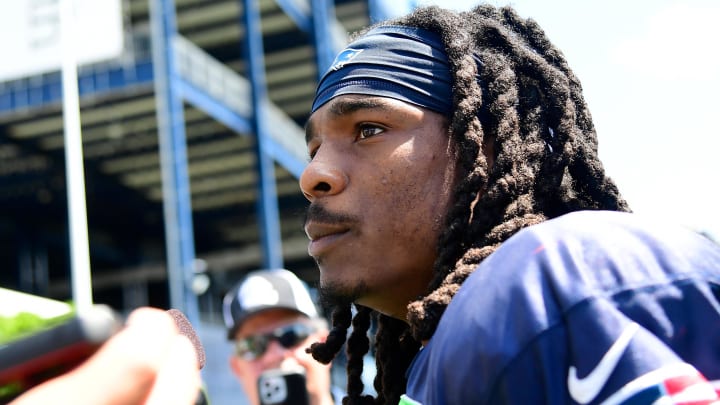 Aug 1, 2023; Foxborough, MA, USA; New England Patriots safety Kyle Dugger (23) answers questions from the media during a press conference at training camp at Gillette Stadium. Mandatory Credit: Eric Canha-USA TODAY Sports