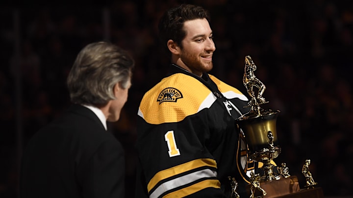 Apr 28, 2022; Boston, Massachusetts, USA;  Boston Bruins goaltender Jeremy Swayman (1) receives the
