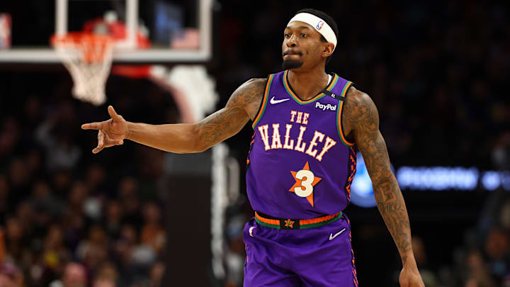 Jan 12, 2025; Phoenix, Arizona, USA; Phoenix Suns guard Bradley Beal (3) reacts against the Charlotte Hornets during the first half at Footprint Center. Mandatory Credit: Mark J. Rebilas-Imagn Images