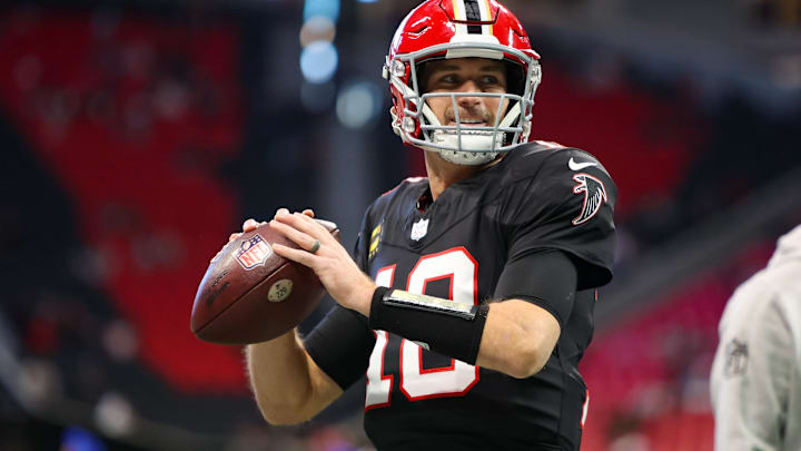 Dec 22, 2024; Atlanta, Georgia, USA; Atlanta Falcons quarterback Kirk Cousins (18) prepares for a game against the New York Giants at Mercedes-Benz Stadium. Mandatory Credit: Brett Davis-Imagn Images
