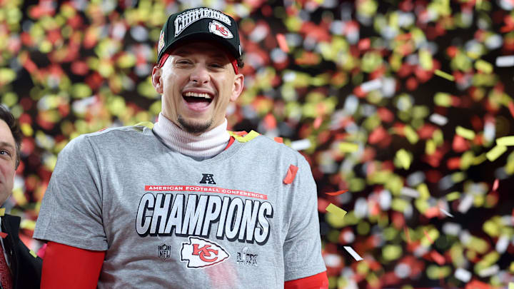 Jan 26, 2025; Kansas City, MO, USA; Kansas City Chiefs quarterback Patrick Mahomes (15) reacts on stage after the AFC Championship game against the Buffalo Bills at GEHA Field at Arrowhead Stadium. Mandatory Credit: Mark J. Rebilas-Imagn Images