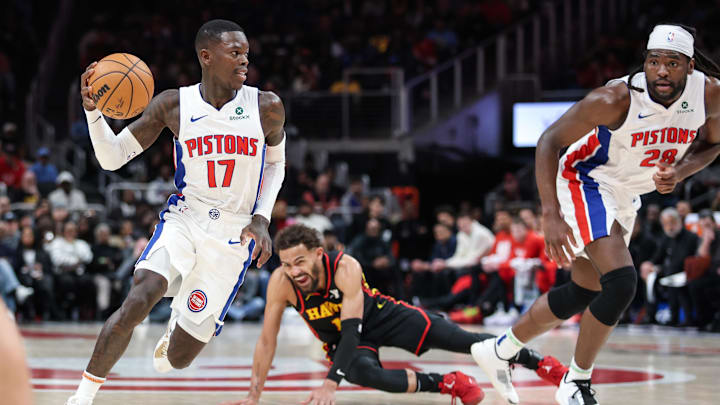 Feb 23, 2025; Atlanta, Georgia, USA; Detroit Pistons guard Dennis Schroder (17) and Detroit Pistons center Isaiah Stewart (28) run offensive screen against Atlanta Hawks guard Trae Young (11): Jordan Godfree-Imagn Images