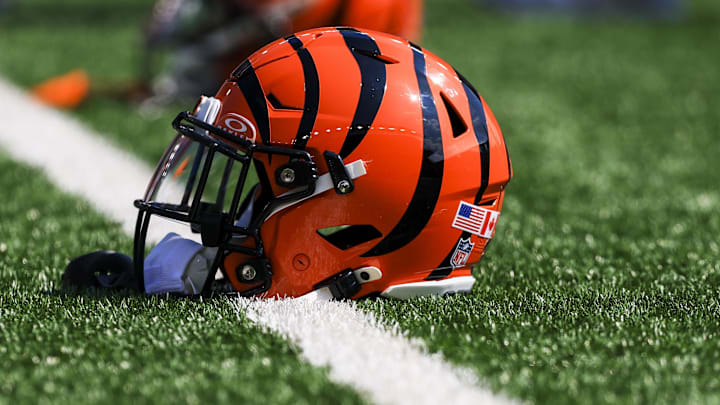 Sep 14, 2025; Cincinnati, Ohio, USA; A general view of the helmet of Cincinnati Bengals running back Chase Brown (30) during warmups before the game against the Jacksonville Jaguars at Paycor Stadium. Mandatory Credit: Katie Stratman-Imagn Images
