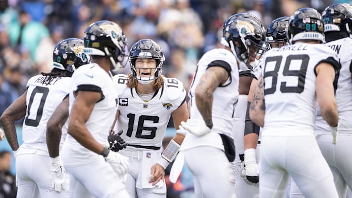 Jan 7, 2024; Nashville, Tennessee, USA;  Jacksonville Jaguars quarterback Trevor Lawrence (16) calls the play to the huddle against the Tennessee Titans during the first half at Nissan Stadium. Mandatory Credit: Steve Roberts-USA TODAY Sports