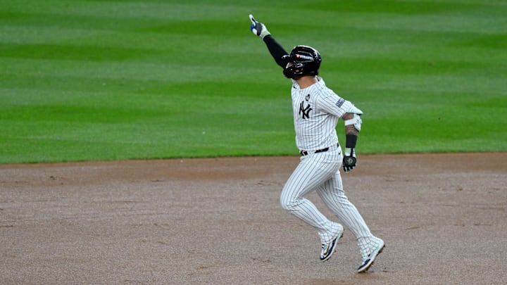 Oct 29, 2024; New York, New York, USA; New York Yankees second baseman Gleyber Torres (25) celebrates after hitting a three-run home run during the eighth inning against the Los Angeles Dodgers in game four of the 2024 MLB World Series at Yankee Stadium. Oct 29, 2024; New York, New York, USA; New York Yankees second baseman Gleyber Torres (25) celebrates after hitting a three-run home run during the eighth inning against the Los Angeles Dodgers in game four of the 2024 MLB World Series at Yankee Stadium.