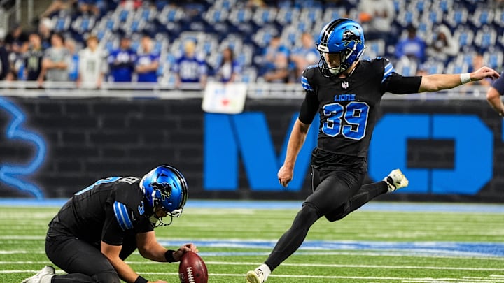 Detroit Lions kicker Jake Bates (39) practices a field goal before the Seattle Seahawks game Detroit Lions kicker Jake Bates (39) practices a field goal before the Seattle Seahawks game