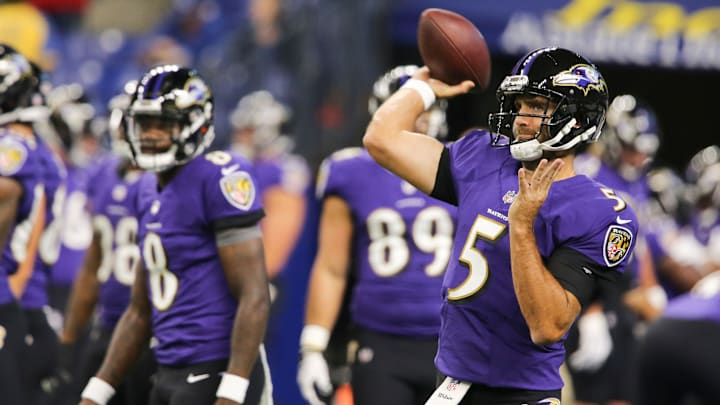 The Baltimore Ravens         Lamar Jackson (8) looked on as teammate Joe Flacco (5) warmed up before their preseason game against the Indianapolis Colts at Lucas Oil Stadium in Indianapolis.
Aug. 20, 2018

Lamarcolts18 Sam

The Baltimore RavensaTM Lamar Jackson (8) looked on as teammate Joe Flacco (5) warmed up before their preseason game against the Indianapolis Colts at Lucas Oil Stadium in Indianapolis.
Aug. 20, 2018
