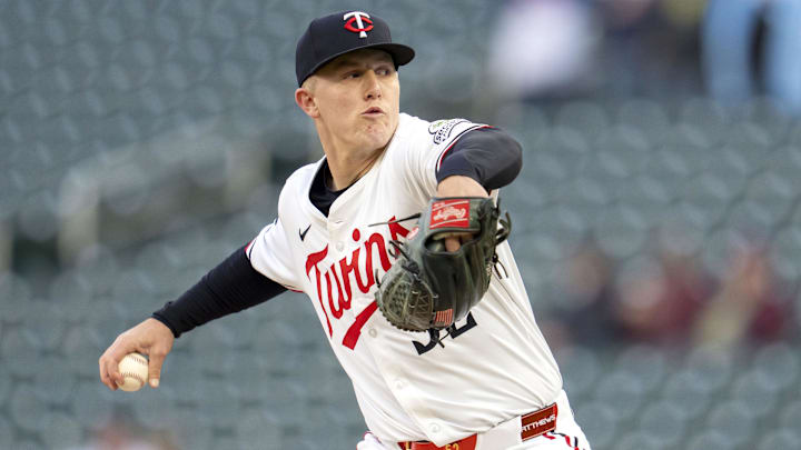 Sep 3, 2025; Minneapolis, Minnesota, USA; Minnesota Twins starting pitcher Zebby Matthews (52) delivers a pitch against the Chicago White Sox in the first inning at Target Field.