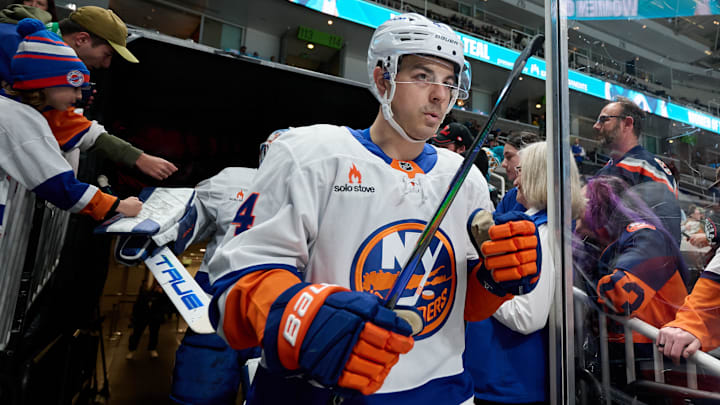 Mar 8, 2025; San Jose, California, USA; New York Islanders center Jean-Gabriel Pageau (44) walks to the ice for warmups before the game against the San Jose Sharks at SAP Center at San Jose. Mandatory Credit: Robert Edwards-Imagn Images