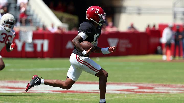 Apr 11, 2026; Tuscaloosa, AL, USA; Alabama Crimson Tide quarterback Keelon Russell (12) runs the ball during the Alabama A-Day spring football scrimmage game at Saban Field at Bryant-Denny Stadium. Mandatory Credit: David Leong-Imagn Images Apr 11, 2026; Tuscaloosa, AL, USA; Alabama Crimson Tide quarterback Keelon Russell (12) runs the ball during the Alabama A-Day spring football scrimmage game at Saban Field at Bryant-Denny Stadium. Mandatory Credit: David Leong-Imagn Images