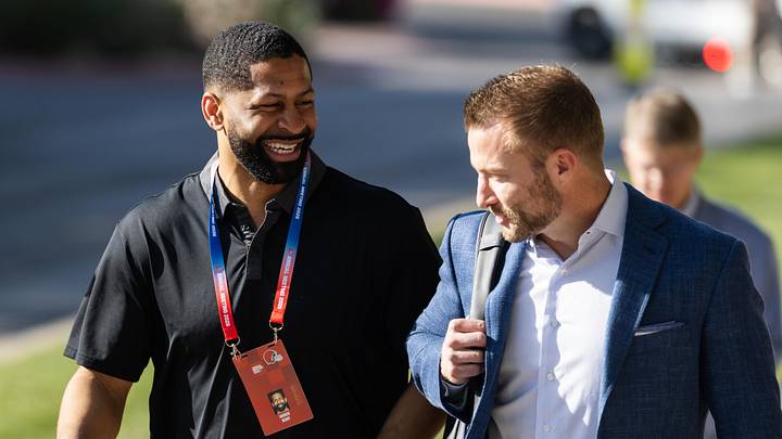 Mar 30, 2026; Phoenix, AZ, USA; Cleveland Browns general manager Andrew Berry (left) with Los Angeles Rams head coach Sean McVay during the 2026 NFL Annual League Meeting at the Arizona Biltmore. Mandatory Credit: Mark J. Rebilas-Imagn Images