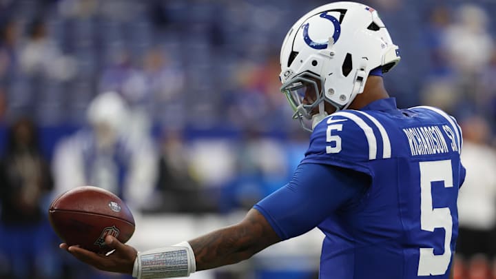 Oct 5, 2025; Indianapolis, Indiana, USA; Indianapolis Colts quarterback Anthony Richardson (5) holds a football during warmups before the game between the Las Vegas Raiders and the Indianapolis Colts at Lucas Oil Stadium. Mandatory Credit: Trevor Ruszkowski-Imagn Images Oct 5, 2025; Indianapolis, Indiana, USA; Indianapolis Colts quarterback Anthony Richardson (5) holds a football during warmups before the game between the Las Vegas Raiders and the Indianapolis Colts at Lucas Oil Stadium. Mandatory Credit: Trevor Ruszkowski-Imagn Images