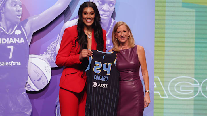 Apr 15, 2024; Brooklyn, NY, USA; Kamilla Cardoso poses with WNBA commissioner Cathy Engelbert after she is selected with the number three overall pick to the Chicago Sky in the 2024 WNBA Draft at Brooklyn Academy of Music. Mandatory Credit: Brad Penner-Imagn Images
