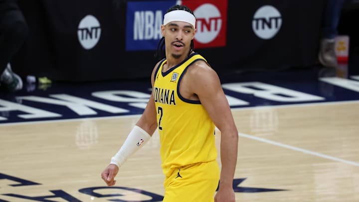 Indiana Pacers guard Andrew Nembhard (2) looks on in the fourth quarter during Game 6 of the Eastern Conference Finals against the New York Knicks for the 2025 NBA Playoffs at Gainbridge Fieldhouse.