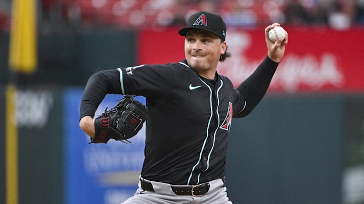 Apr 23, 2024; St. Louis, Missouri, USA;  Arizona Diamondbacks starting pitcher Tommy Henry (47) pitches against the St. Louis Cardinals during the first inning at Busch Stadium. Mandatory Credit: Jim Rassol-Imagn Images