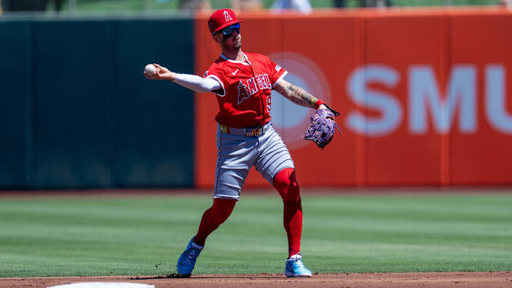 Aug 17, 2025; West Sacramento, California, USA; Los Angeles Angels shortstop Zach Neto (9) throws out Athletics first baseman Nick Kurtz (not pictured) during the first inning at Sutter Health Park. Mandatory Credit: Neville E. Guard-Imagn Images