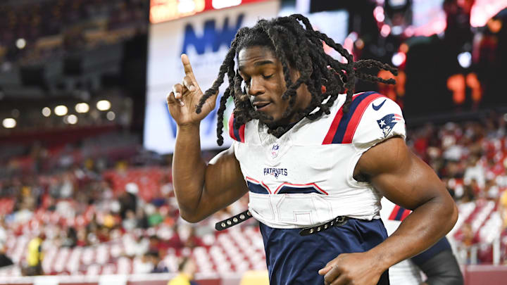Aug 25, 2024; Landover, Maryland, USA;  New England Patriots safety Kyle Dugger (23) takes the field before the game  against the Washington Commanders at Commanders Field.