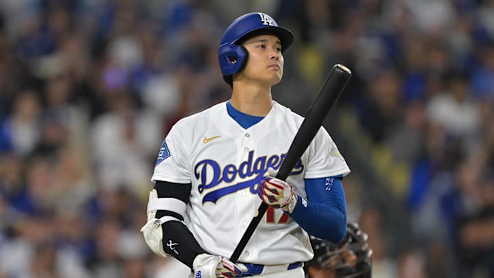 Los Angeles Dodgers two-way player Shohei Ohtani (17) looks on at bat in the fifth inning against the Arizona Diamondbacks at Dodger Stadium. Los Angeles Dodgers two-way player Shohei Ohtani (17) looks on at bat in the fifth inning against the Arizona Diamondbacks at Dodger Stadium.