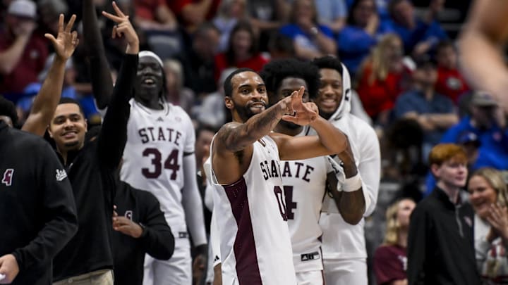 Mar 12, 2025; Nashville, TN, USA; Mississippi State Bulldogs bench reacts after a made three point basket  against the LSU Tigers during the second half at Bridgestone Arena. Mandatory Credit: Steve Roberts-Imagn Images