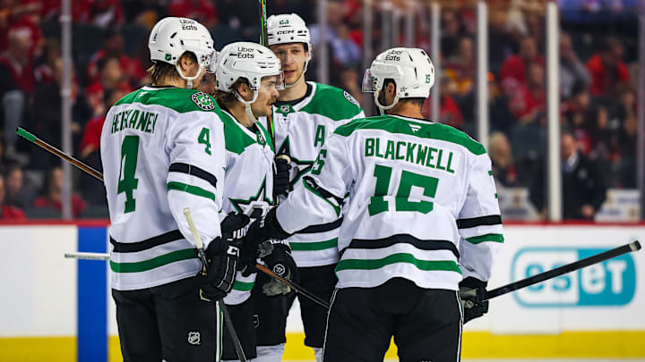 Mar 3, 2026; Calgary, Alberta, CAN; Dallas Stars center Sam Steel (18) celebrates his goal with teammates against the Calgary Flames during the first period at Scotiabank Saddledome. Mandatory Credit: Sergei Belski-Imagn Images Mar 3, 2026; Calgary, Alberta, CAN; Dallas Stars center Sam Steel (18) celebrates his goal with teammates against the Calgary Flames during the first period at Scotiabank Saddledome. Mandatory Credit: Sergei Belski-Imagn Images