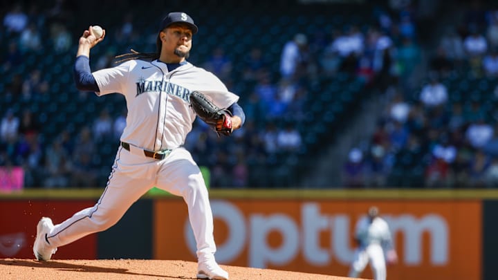 Aug 28, 2024; Seattle, Washington, USA; Seattle Mariners starting pitcher Luis Castillo (58) throws against the Tampa Bay Rays during the first inning at T-Mobile Park. 