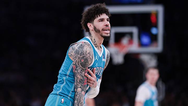 Apr 12, 2026; New York, New York, USA; Charlotte Hornets guard LaMelo Ball (1) reacts after a basket against the New York Knicks during the first half at Madison Square Garden. Mandatory Credit: Vincent Carchietta-Imagn Images