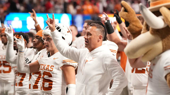 Dec 7, 2024; Atlanta, GA, USA; Texas Longhorns head coach Steve Sarkisian reacts after losing in overtime against the Georgia Bulldogs in the 2024 SEC Championship game at Mercedes-Benz Stadium. Mandatory Credit: Dale Zanine-Imagn Images