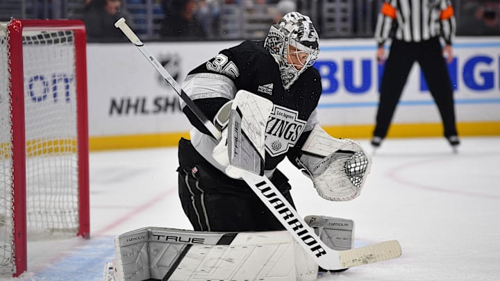 Feb 24, 2025; Los Angeles, California, USA; Los Angeles Kings goaltender Darcy Kuemper (35) defends the goal against the Vegas Golden Knights during the third period at Crypto.com Arena. Mandatory Credit: Gary A. Vasquez-Imagn Images