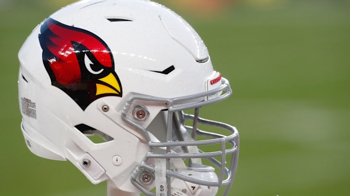Dec 3, 2023; Pittsburgh, Pennsylvania, USA;  An Arizona Cardinals helmet on the bench against the Pittsburgh Penguins during the fourth quarter at Acrisure Stadium. Mandatory Credit: Charles LeClaire-Imagn Images