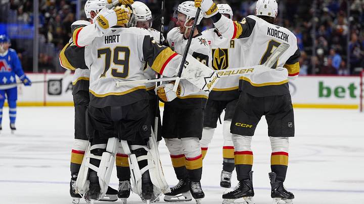 Apr 11, 2026; Denver, Colorado, USA; Members of the Vegas Golden Knights celebrate an overtime win against the Colorado Avalanche at Ball Arena. Mandatory Credit: Ron Chenoy-Imagn Images Apr 11, 2026; Denver, Colorado, USA; Members of the Vegas Golden Knights celebrate an overtime win against the Colorado Avalanche at Ball Arena. Mandatory Credit: Ron Chenoy-Imagn Images